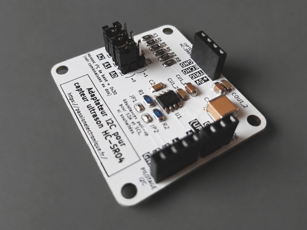 Carte PCB d'adaptation HC-SR04 en I2C via microcontrôleur ATtiny modèle 412, pour interfacer lignes TRIG/ECHO du capteur ultrasonique vers le bus i2c