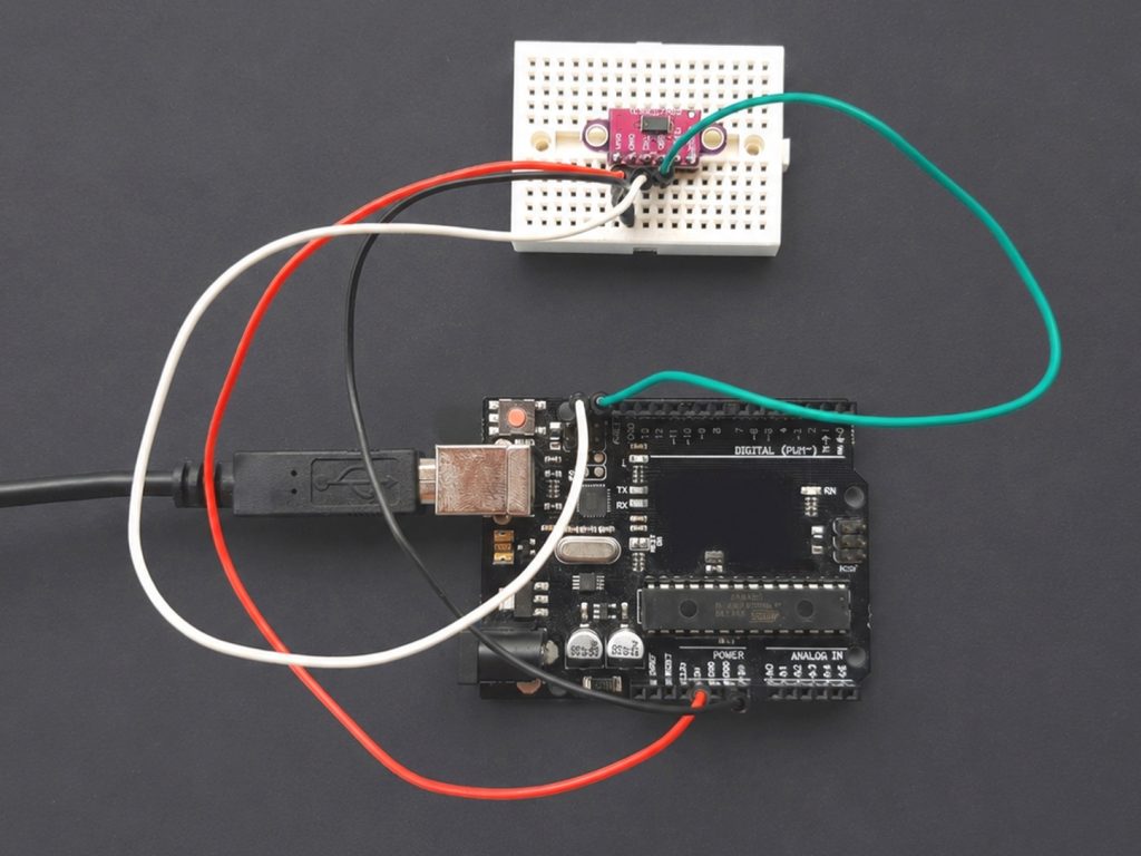 Branchement VL53L0X sur carte Arduino, avec utilisation du module à 6 broche sur mini breadboard et câblage d'alimentation et liaison I2C via fils dupont