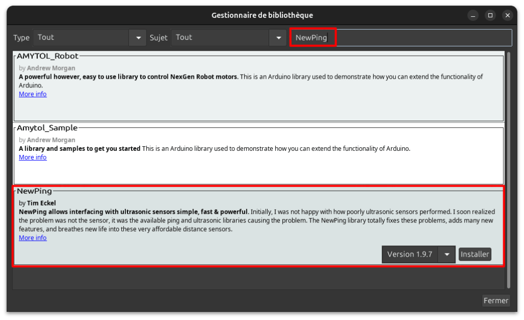 Comment retrouver librairie NewPing de Tim Eckel dans le gestionnaire de librairies Arduino IDE, aperçu de la bibliothèque à installer pour pilotage capteur HCSR04
