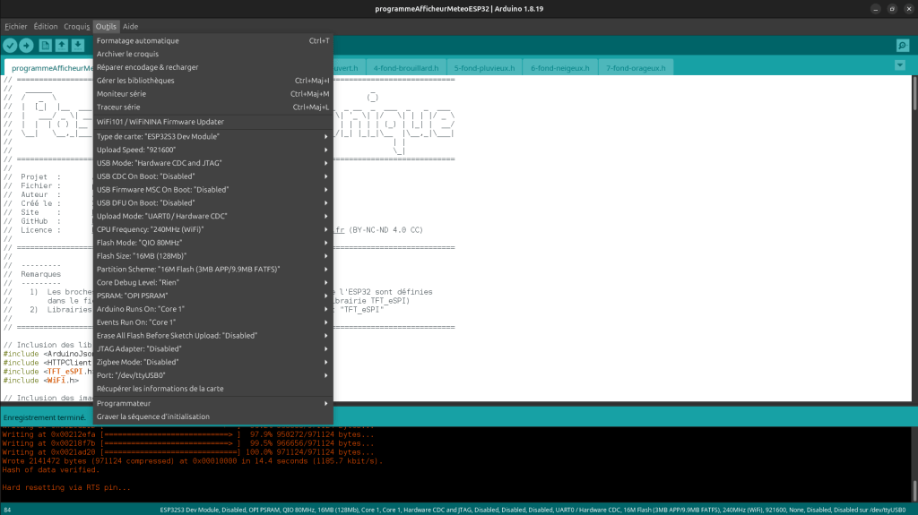 Aperçu menu outils de l'IDE Arduino pour programmation ESP32-S3 avec paramètres importants à configurer soi-même, selon le type de SoC et port COM ou tty