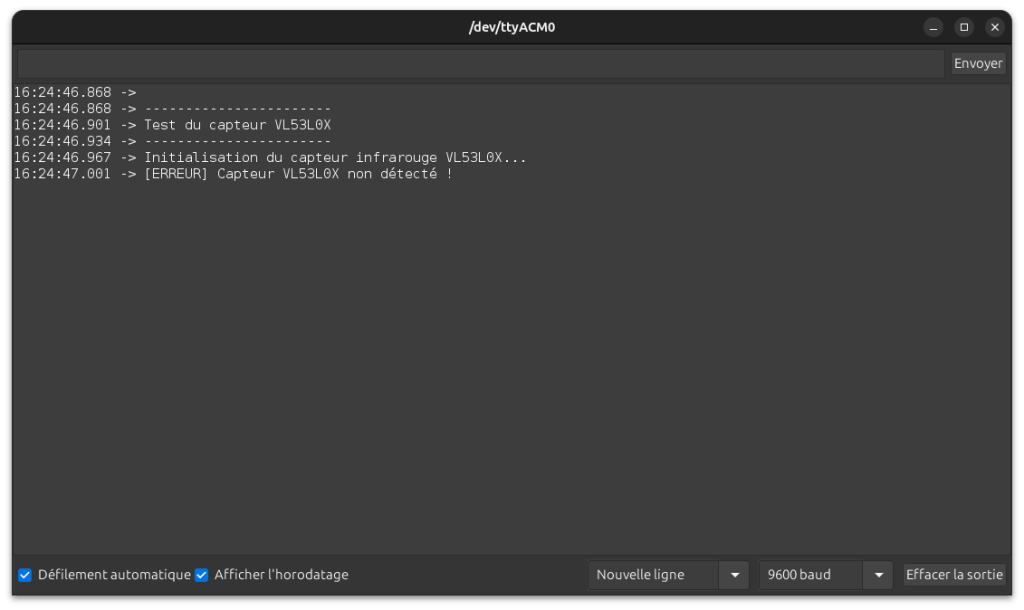 Exemple échec initialisation i2c visible sur moniteur série, lors d'une tentative de démarrage arduino avec un capteur IR modèle VL53L0X branché sur le bus I²C en A4/A5