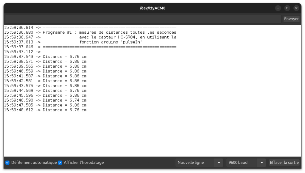 Moniteur série arduino montrant des mesures faites par le capteur à ultrasons HC-SR04, avec utilisation de la fonction pulseIn pour mesurer durée d'impulsion ECHO