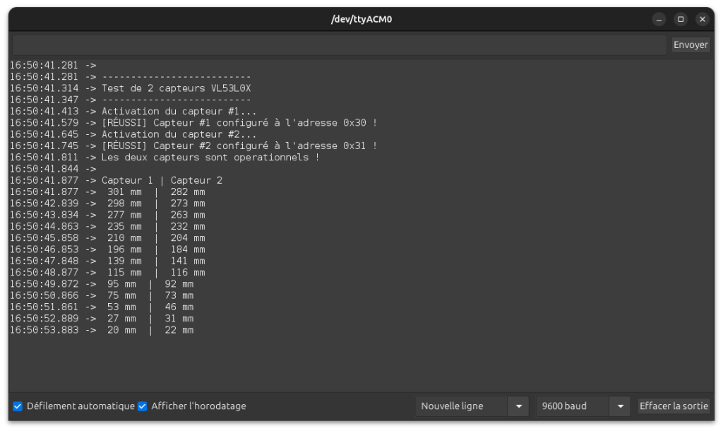 Moniteur série arduino affichant les mesures de plusieurs capteurs VL53L0X ayant des adresses I2C reconfigurées, différentes de 0x29, pour démo avec Arduino