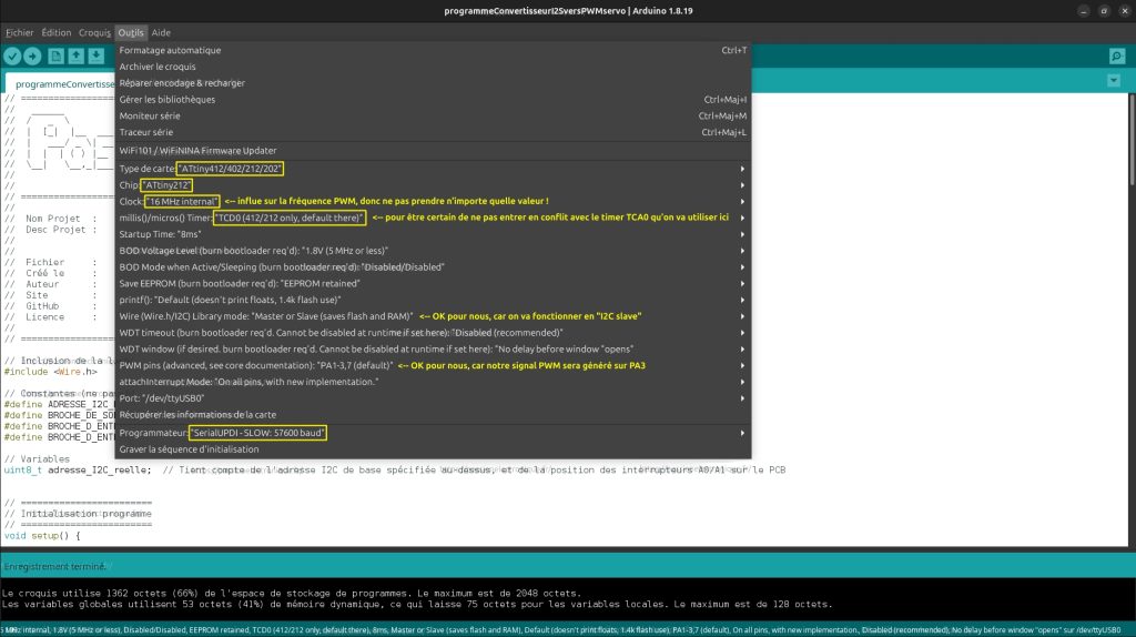 Paramétrages menu outils pour ATtiny dans Arduino IDE utilisant megatinycore, avec options pour choix du chip et de l'horloge interne, programmateur SerialUPDI utilisé