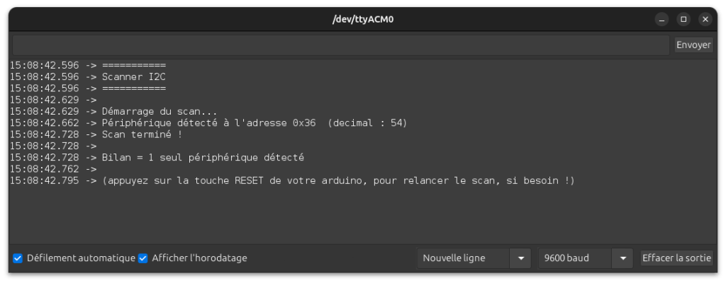 Exemple de scanner I2C arduino trouvant un esclave i2c à l'adresse 0x36 sur le réseau, sur le moniteur série de l'IDE Arduino à 9600 bauds, avec liste des périphériques trouvés