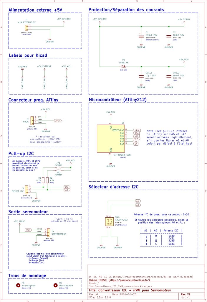 Schéma convertisseur I2C →PWM servomoteur piloté par µC ATtiny 212, avec 4 adresses esclave possible pour ce périphérique i2c et résistances pull-up optionnelles