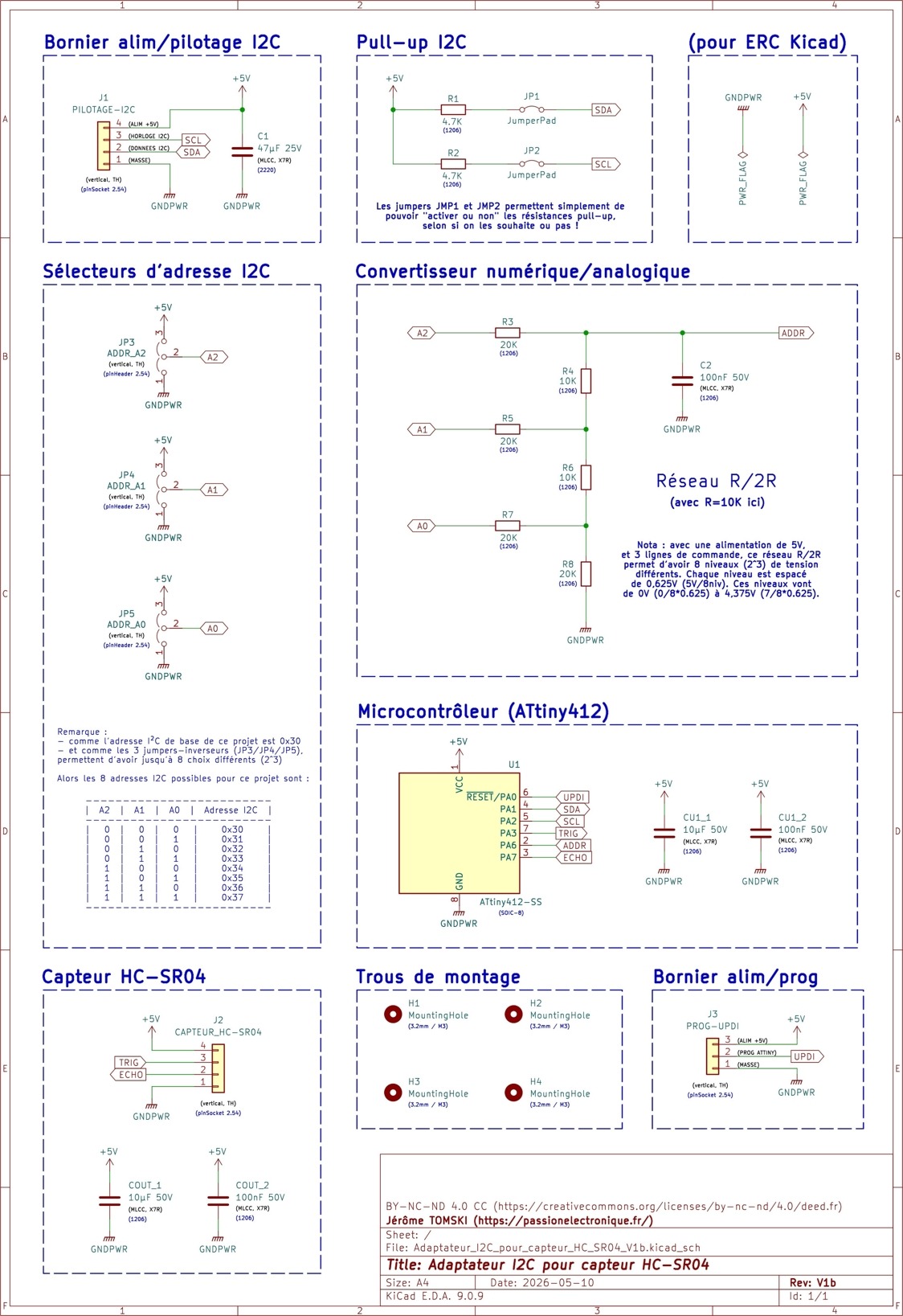 Schéma adaptateur i2c pour capteur ultrasonique HC-SR04, utilisant un microcontrôleur ATtiny 412 pour faire des impulsions TRIG et lectures d'impulsions sur ECHO