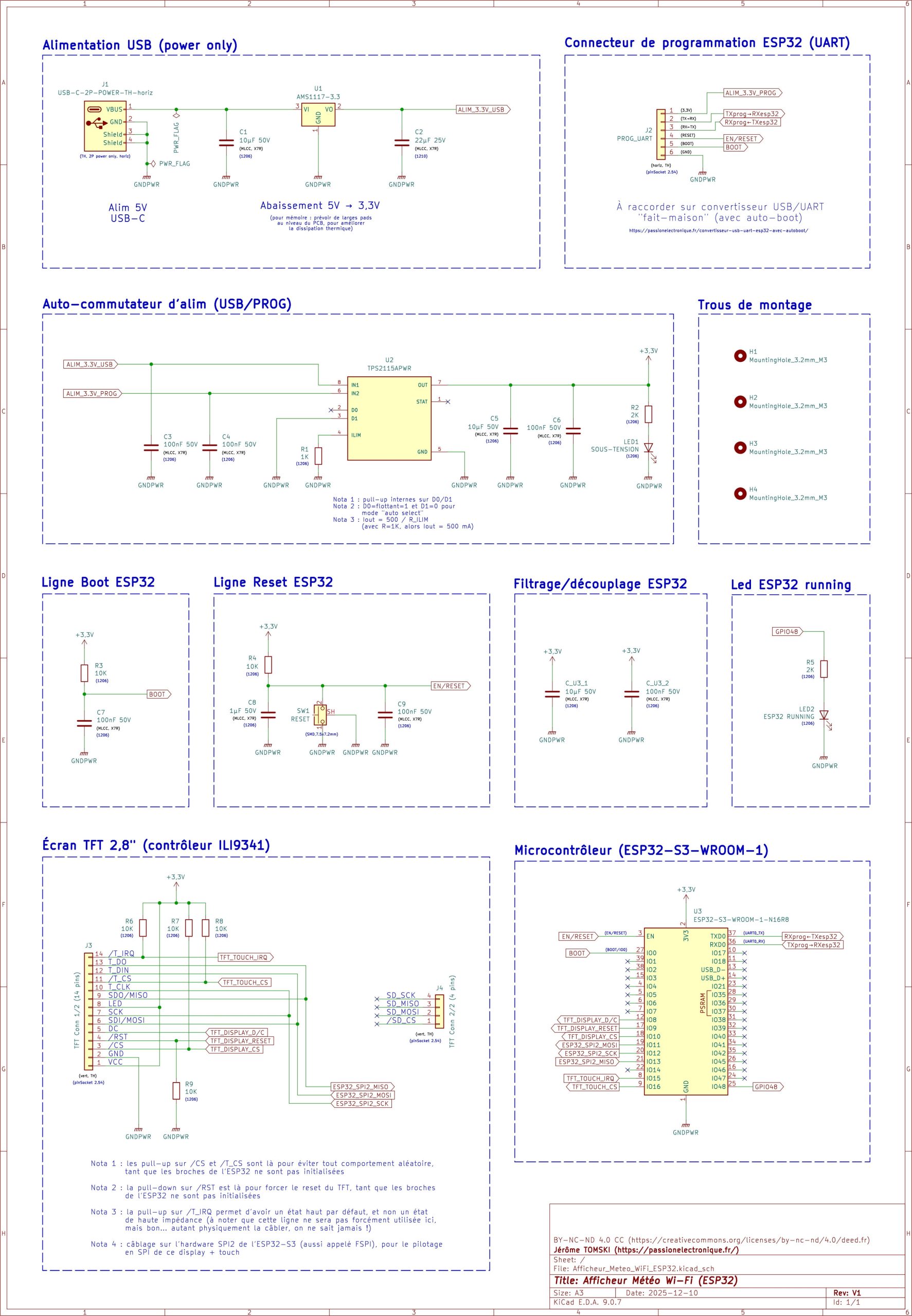 Schéma électronique afficheur météo WiFi ESP32 sur écran TFT 2,8" ILI9341, détail alimentation multiplexée, connexions microcontrôleur, et pull-up initialisation TFT